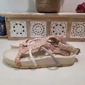Free People Womens Sz 6.5 Denali Woven Footbed Sandals Neutral Earthy Shoes Boho