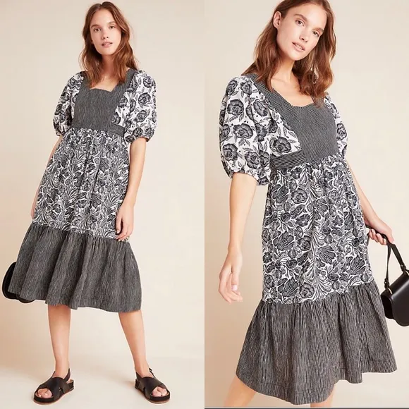 NWT Anthropologie Adrienne Flounced Midi Dress 6 Black &amp; White Bohemian
