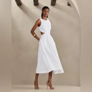 NWT! BANANA REPUBLIC WOMEN’S WHITE LINA LINEN CUTOUT MIDI DRESS - SIZE 10