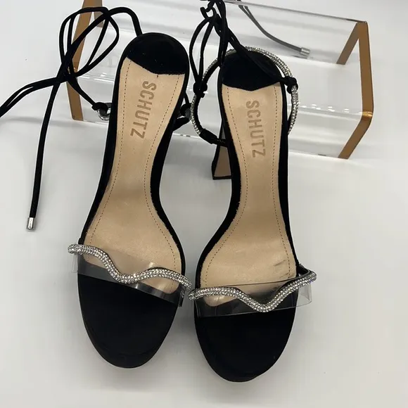 SCHUTZ NWB Cath Crystal-Embellished Nubuck Platform Sandals Black